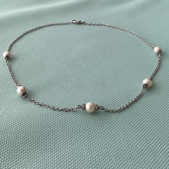 Unknown Jewelry - Diamond & Pearl Station 18k White Gold Necklace